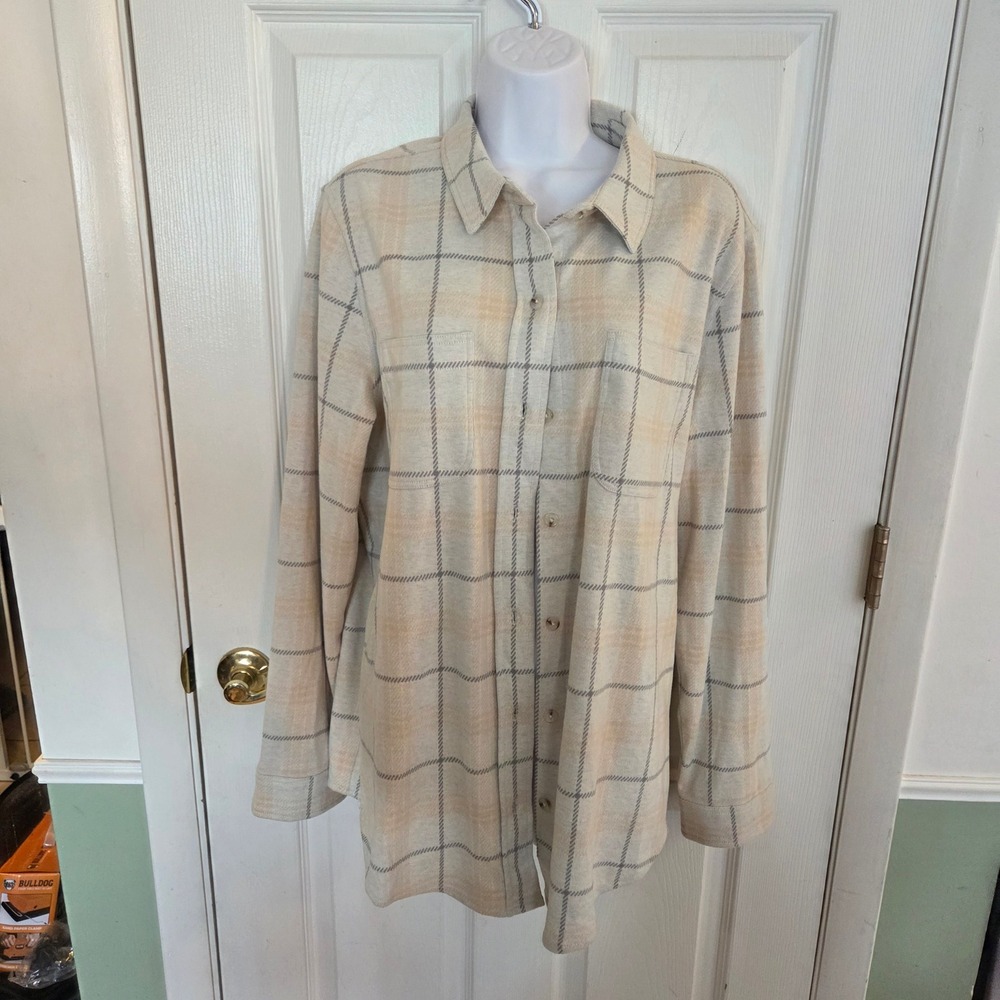 Quince Womens Plaid Button Down Fleece Shacket Shirt Oatmeal Cream Grey XL Basic
